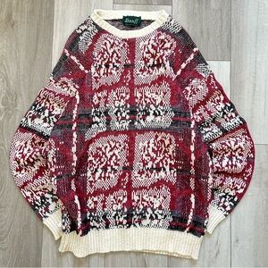 Men's Red and White Vintage Knit Sweater Size Large Pit